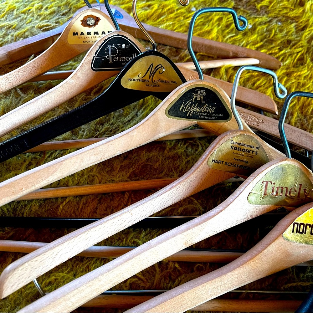 Vintage Wooden Suit Hanger Lot of 13 Advertisement Alaska California Hotel